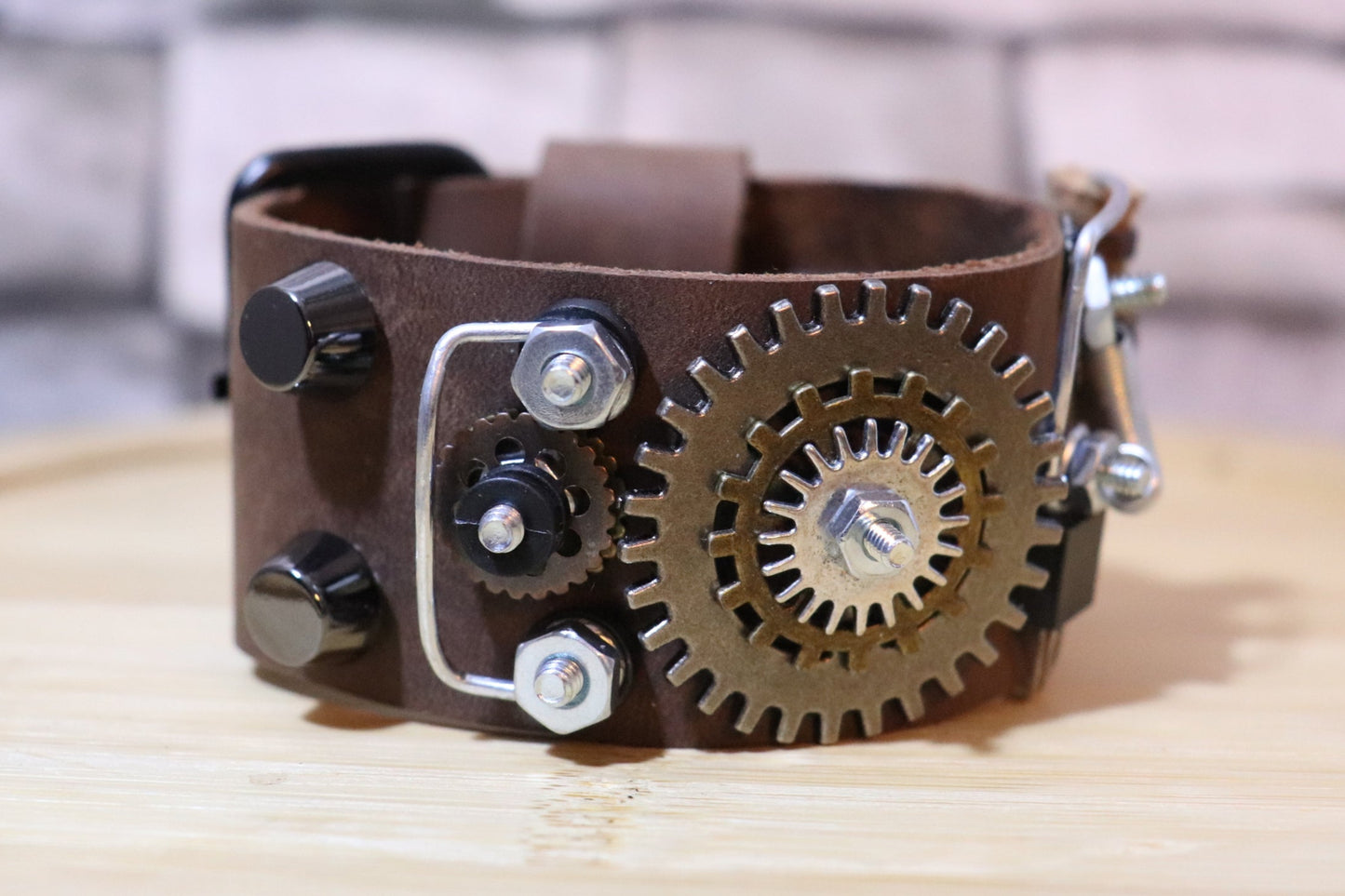 The Junkyard Chemist, Steampunk Bracelet, Brown Leather Steampunk Arm Belt, Steampunk Leather Band, Handmade One-of-a-Kind Leather Bracelet