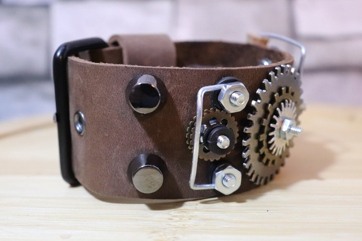 The Junkyard Chemist, Steampunk Bracelet, Brown Leather Steampunk Arm Belt, Steampunk Leather Band, Handmade One-of-a-Kind Leather Bracelet