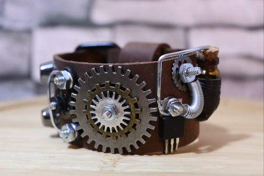 The Junkyard Chemist, Steampunk Bracelet, Brown Leather Steampunk Arm Belt, Steampunk Leather Band, Handmade One-of-a-Kind Leather Bracelet