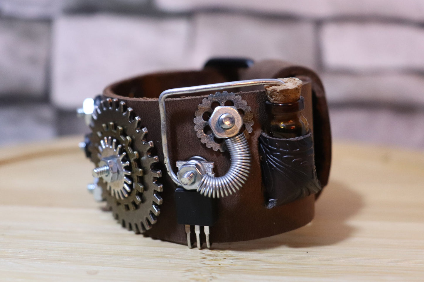 The Junkyard Chemist, Steampunk Bracelet, Brown Leather Steampunk Arm Belt, Steampunk Leather Band, Handmade One-of-a-Kind Leather Bracelet