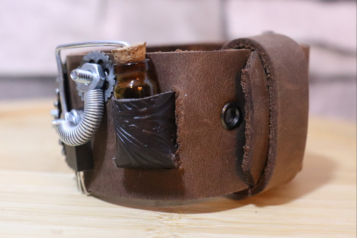 The Junkyard Chemist, Steampunk Bracelet, Brown Leather Steampunk Arm Belt, Steampunk Leather Band, Handmade One-of-a-Kind Leather Bracelet