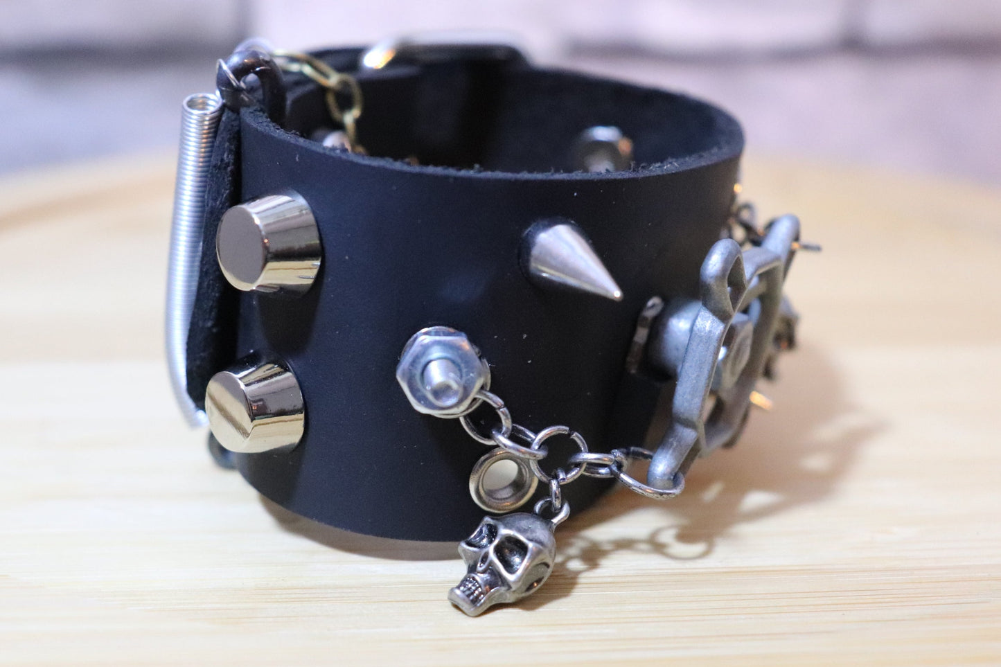 Death Faucet, Knob and Skulls Handmade Leather Arm Belt, Punk Rock Bracelet, Custom Leather Bracelet, Skull Arm Band, Death Metal Arm Band