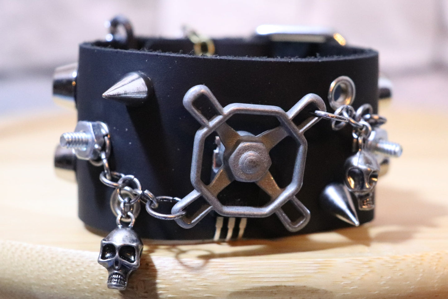 Death Faucet, Knob and Skulls Handmade Leather Arm Belt, Punk Rock Bracelet, Custom Leather Bracelet, Skull Arm Band, Death Metal Arm Band