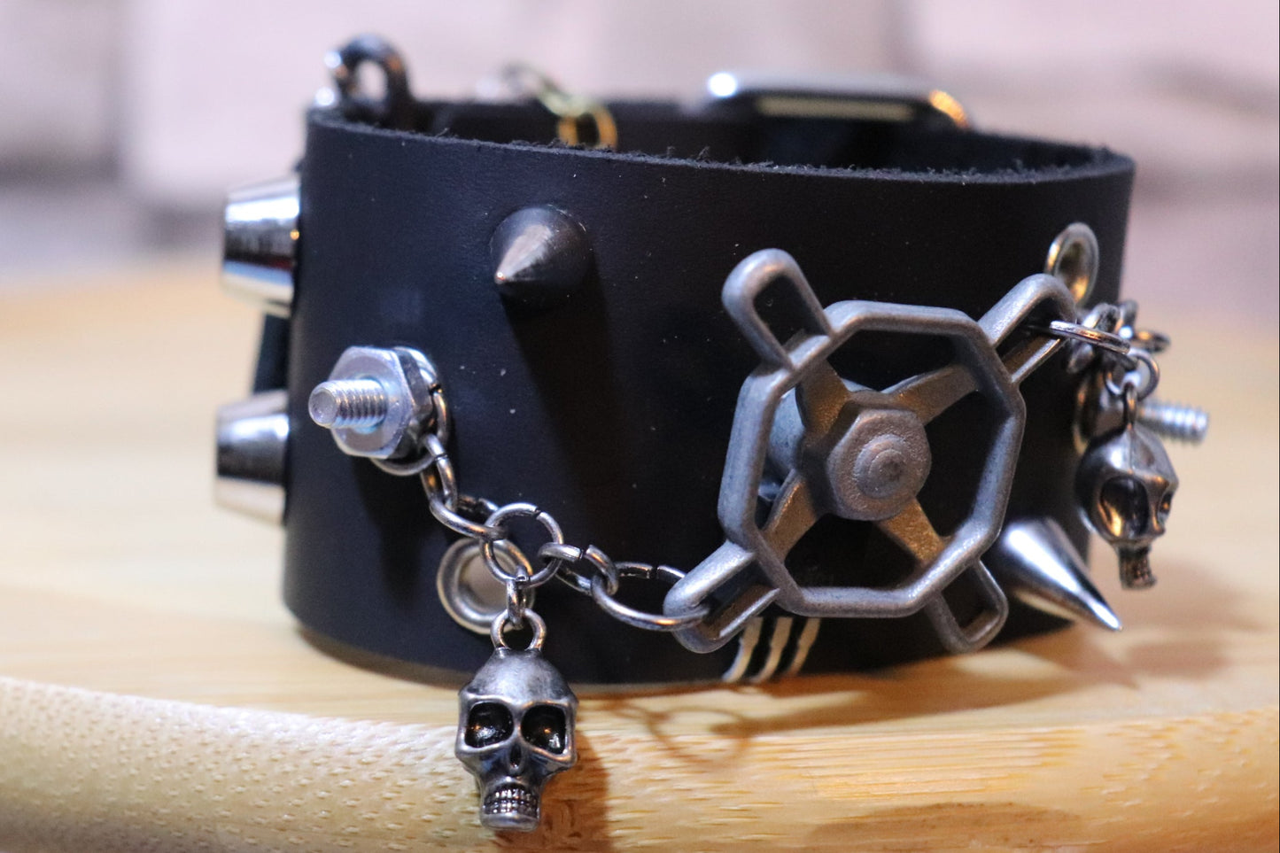 Death Faucet, Knob and Skulls Handmade Leather Arm Belt, Punk Rock Bracelet, Custom Leather Bracelet, Skull Arm Band, Death Metal Arm Band