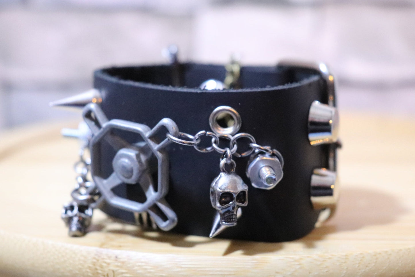 Death Faucet, Knob and Skulls Handmade Leather Arm Belt, Punk Rock Bracelet, Custom Leather Bracelet, Skull Arm Band, Death Metal Arm Band