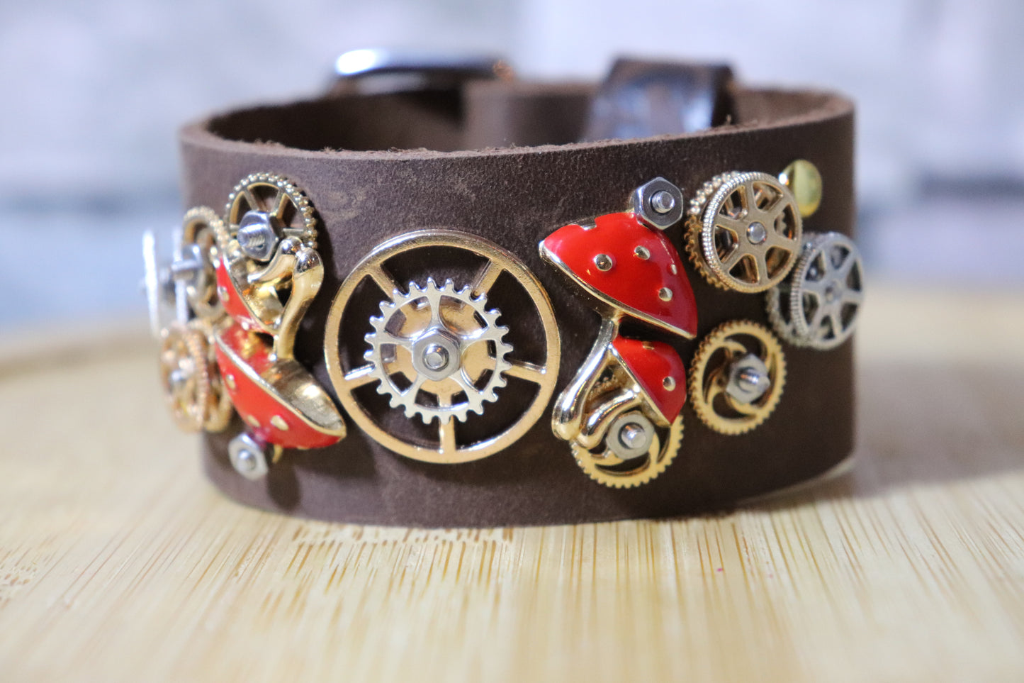 The Magic Mushroom Machine, Mushroom and Gears Arm Belt, Leather Mushroom Bracelet, Mycologist Leather Arm Band, Classy Leather Bracelet